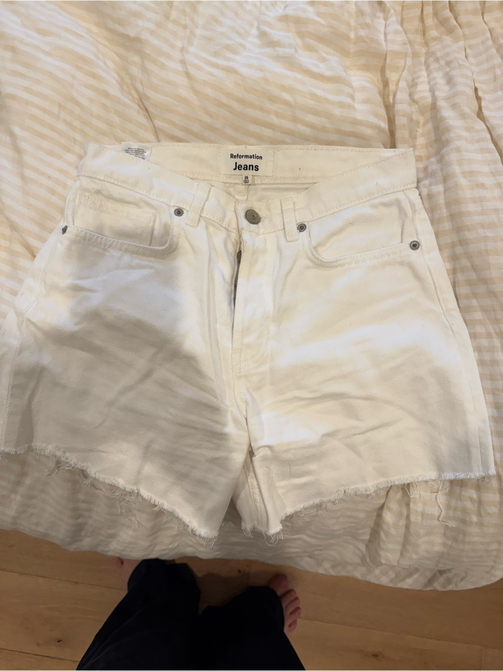 Reformation White Raw-Hem High-Rise Denim Shorts
